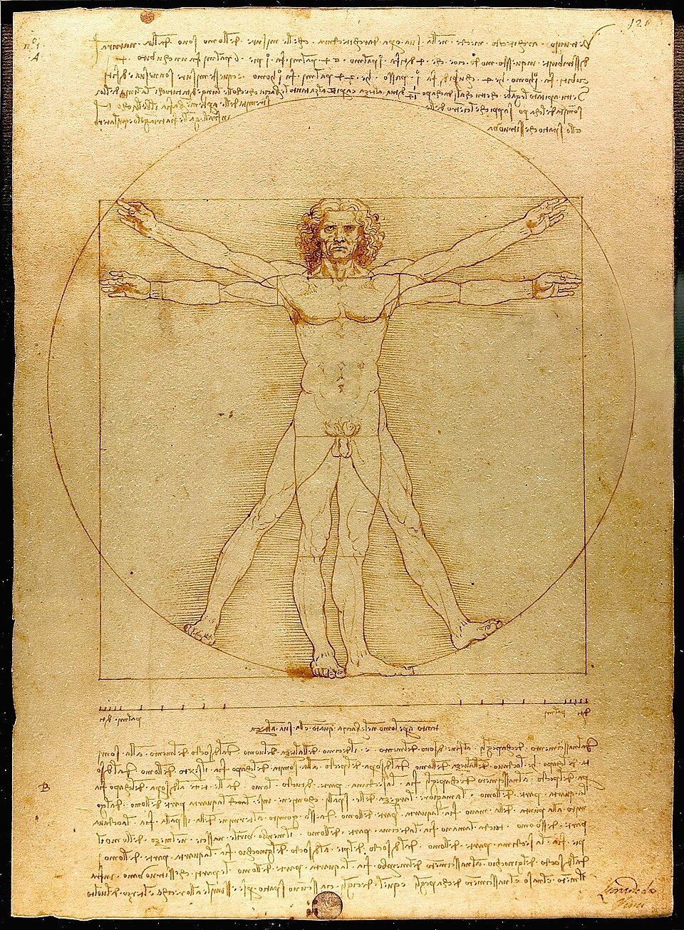 Leonardo da Vinci’s Vitruvian Man, drawn in ink on the page